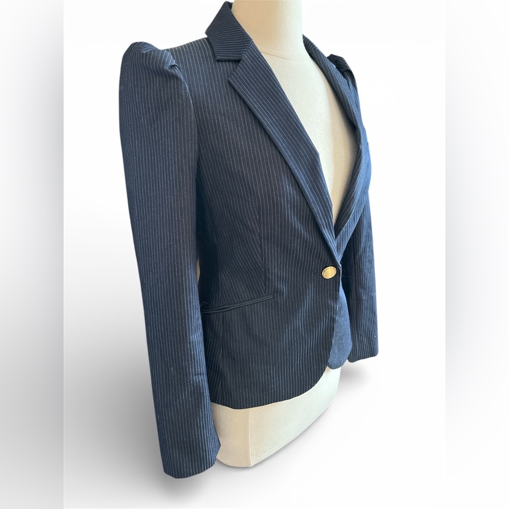 Express Blue & White Fitted Pinstripe Blazer w/pouf shoulders gold button Size 6 - Picture 3 of 13